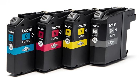 Vier Brother LC123 inktcartridges (cyaan, magenta, geel, zwart) op een rij met Innobella-branding.