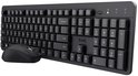 Zwart draadloos Trust Azerty-toetsenbord met muis in een schuine opstelling.
