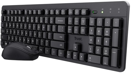 Zwart draadloos Trust Azerty-toetsenbord met muis in een schuine opstelling.