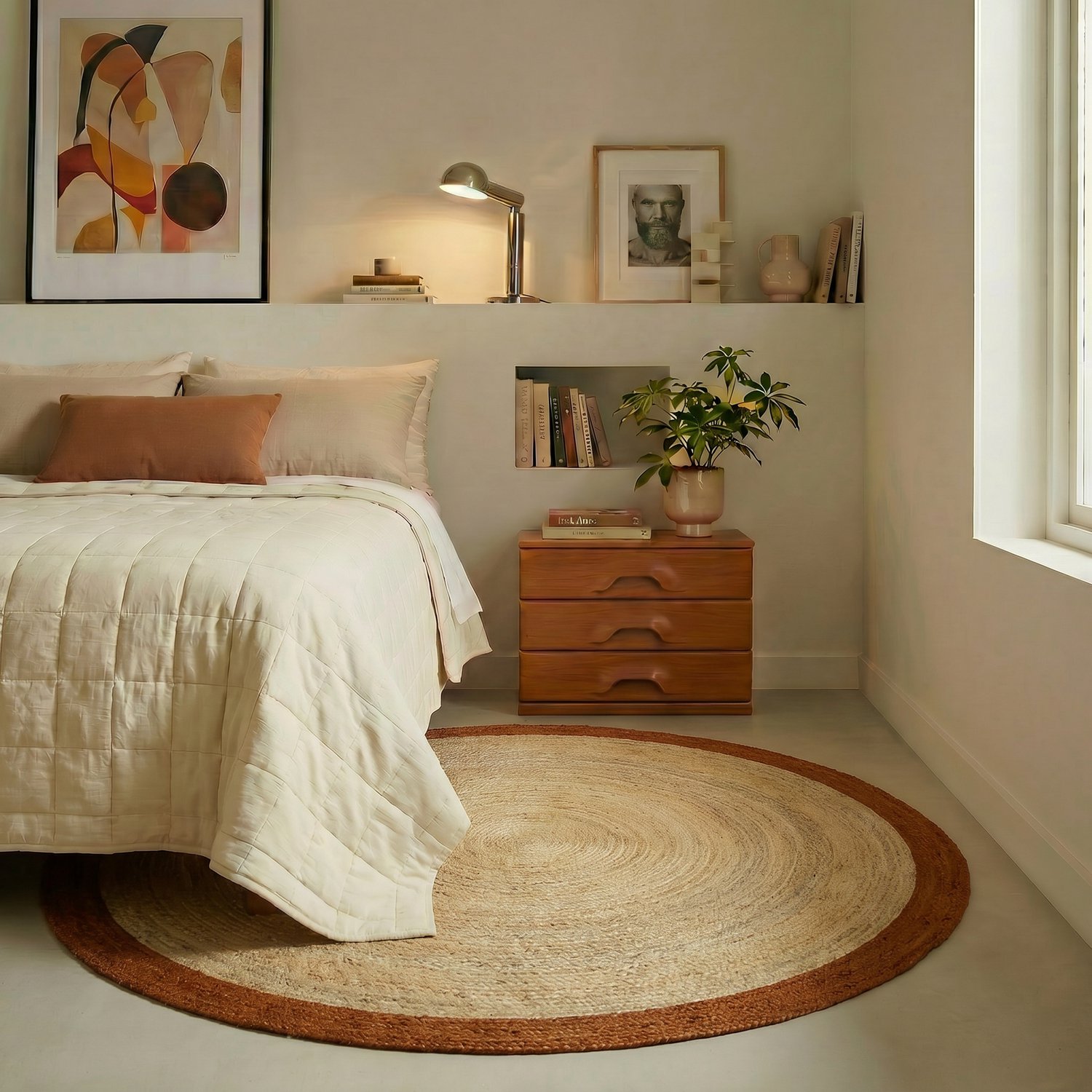 Rond jute vloerkleed naturel/roest/bruin met rand 160cm Mrcarpet