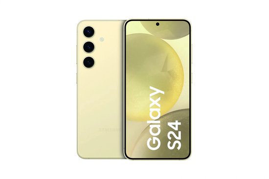 Ambergele Samsung Galaxy S24 met voor- en achterkant zichtbaar, inclusief drie camera's.