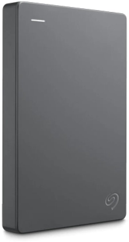 Grijze Seagate externe harde schijf in staande positie, zijaanzicht met Seagate-logo.