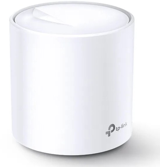 Witte cilindrische TP-Link Deco X20 mesh wifi-router met een glanzende afwerking en een subtiel merklogo.