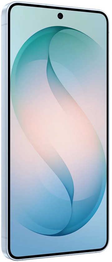 Aanzicht van de zijkant van een lichtblauwe Samsung smartphone met een S-vormige blauw-roze achtergrond.