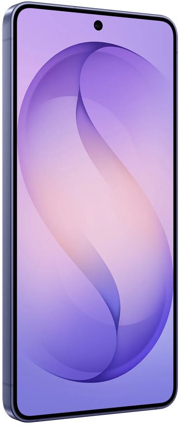 Schuin vooraanzicht van een Cobalt Violet smartphone met een vloeiend paars abstract ontwerp op het display.