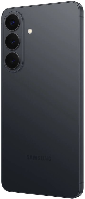 Achterkant van een zwarte smartphone met drie verticale camera's en Samsung-logo.