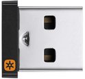 Zijaanzicht van een zilverkleurige Logitech USB Unifying-ontvanger met een zwart uiteinde en oranje sterlogo.