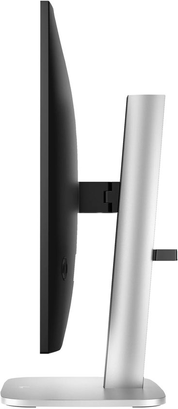 Zijaanzicht van een 27-inch monitor met een slank zwart scherm op een zilverkleurige, verstelbare standaard.