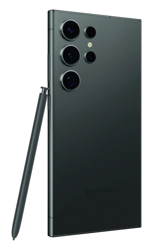 Achterkant van een grijze Galaxy S24 Ultra met Samsung-logo en styluspen aan de zijkant.