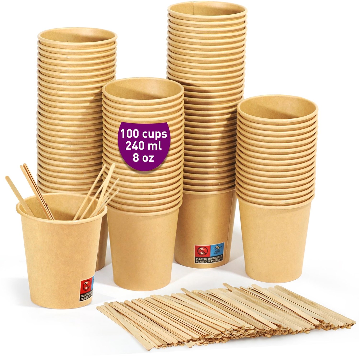 Kraft Papieren Bekers 8 oz - Set van 100 voor Koffie en Dranken