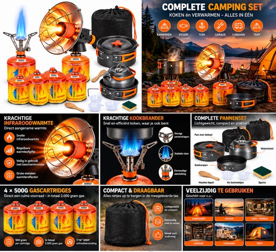 SMH LINE® Complete Camping Set - EHBO tas, Gaskachel, Gasbrander & Pannenset - Incl. 4x 500g Gascartridges - Kookset voor Outdoor & Kamperen — afbeelding 2