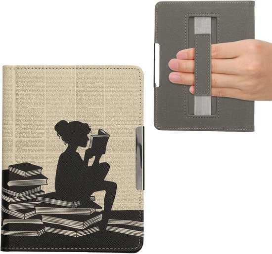 kwmobile e-reader hoesje geschikt voor Kobo Glo HD / Touch 2.0 hoes - E reader flip case met magneetsluiting - Ereader cover - Meisje met boeken design in zwart / beige — afbeelding 3
