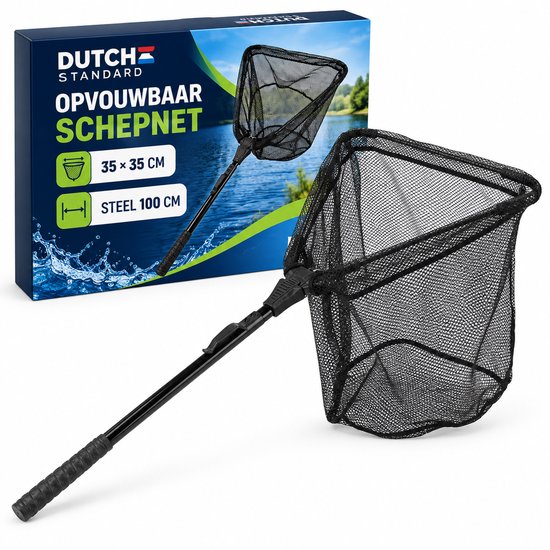 Dutch Standard opvouwbaar schepnet, 35x35 cm met 100 cm steel, in verpakking.