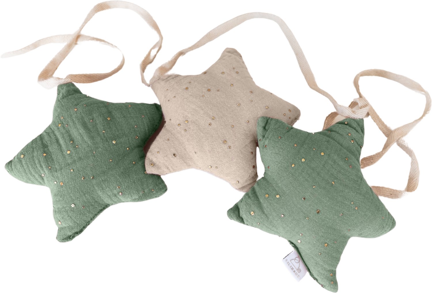 LILIMAUS Sterren slinger kinderkamer met gouden details - stoffen slinger van mousseline katoen - 300 cm - groen en lichtbeige
