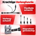 BOTC gereedschap met flexibele as, verlengstuk en magnetiseer-gereedschap. Tekst: Krachtige Verlengfunctie.