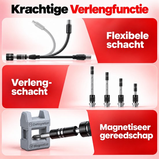 BOTC gereedschap met flexibele as, verlengstuk en magnetiseer-gereedschap. Tekst: Krachtige Verlengfunctie.