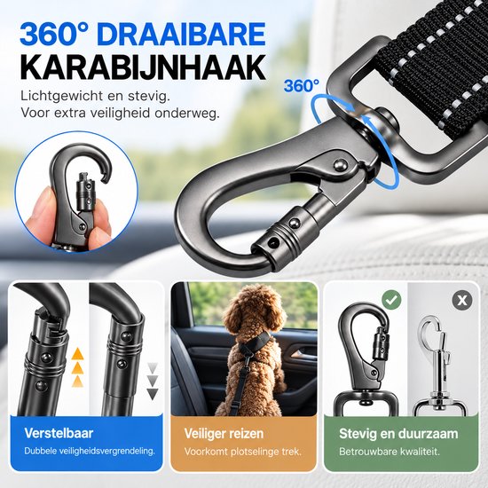 Zwarte 360° draaibare karabijnhaak met dubbele vergrendeling voor veilig transport van honden.