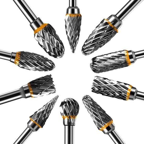 Set van 10 Dubbel Geslepen Tungsten Carbide Frezen voor Rotatietools, Geschikt voor Houtbewerking, Metaalbewerking en Graveren — afbeelding 3