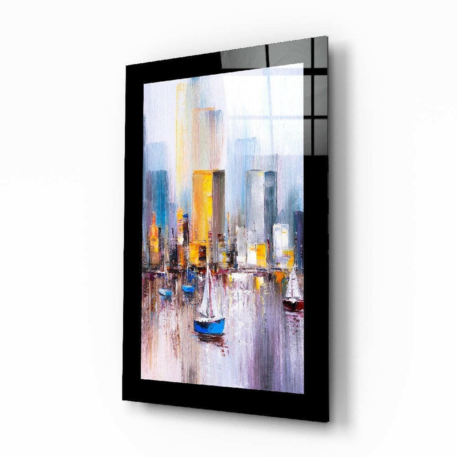 Glasschilderij – Amberkleurige Skyline met Zeilboten – Decoratieve Kunst aan de Muur