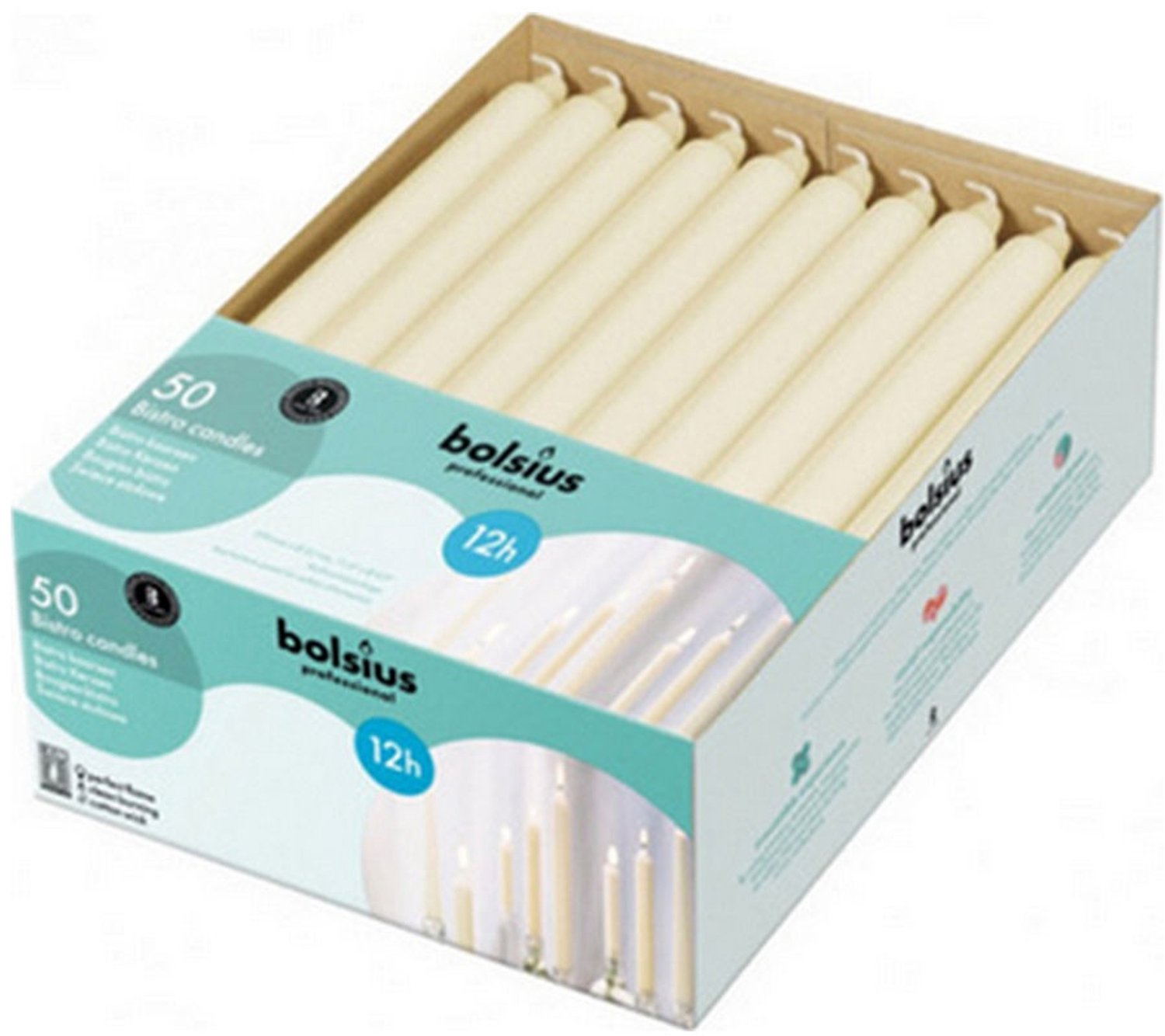 100 stuks Bolsius lange ivoor huishoud dinerkaarsen 290/22 (12 uur)
