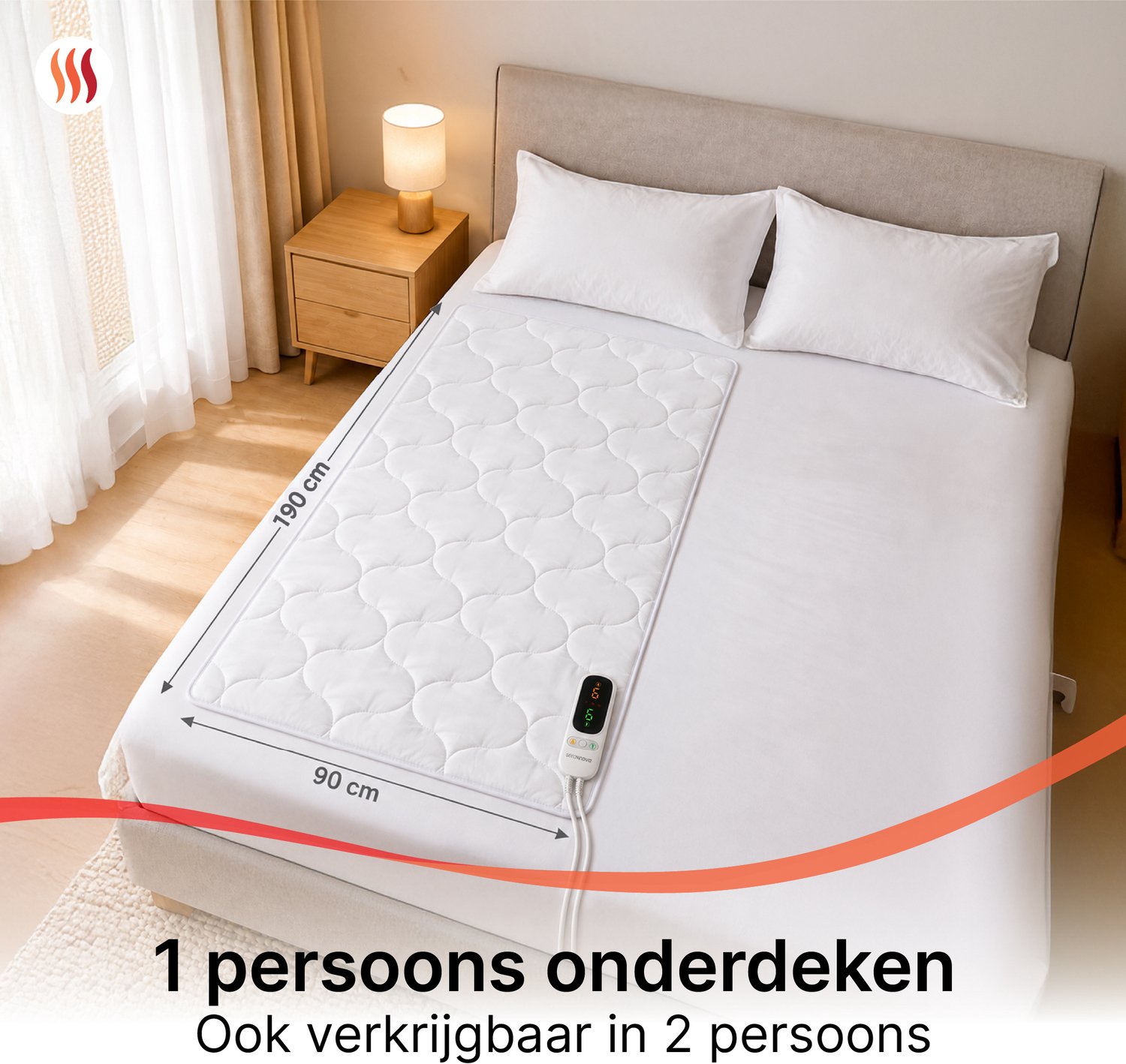 Seranova Elektrische Onderdeken XL - 190 x 90 cm - 1 Persoons Warmtedeken - met Hoekelastieken - Verwarmingsdeken - 3 Warmtestanden - met Timer - Wit – foto 8