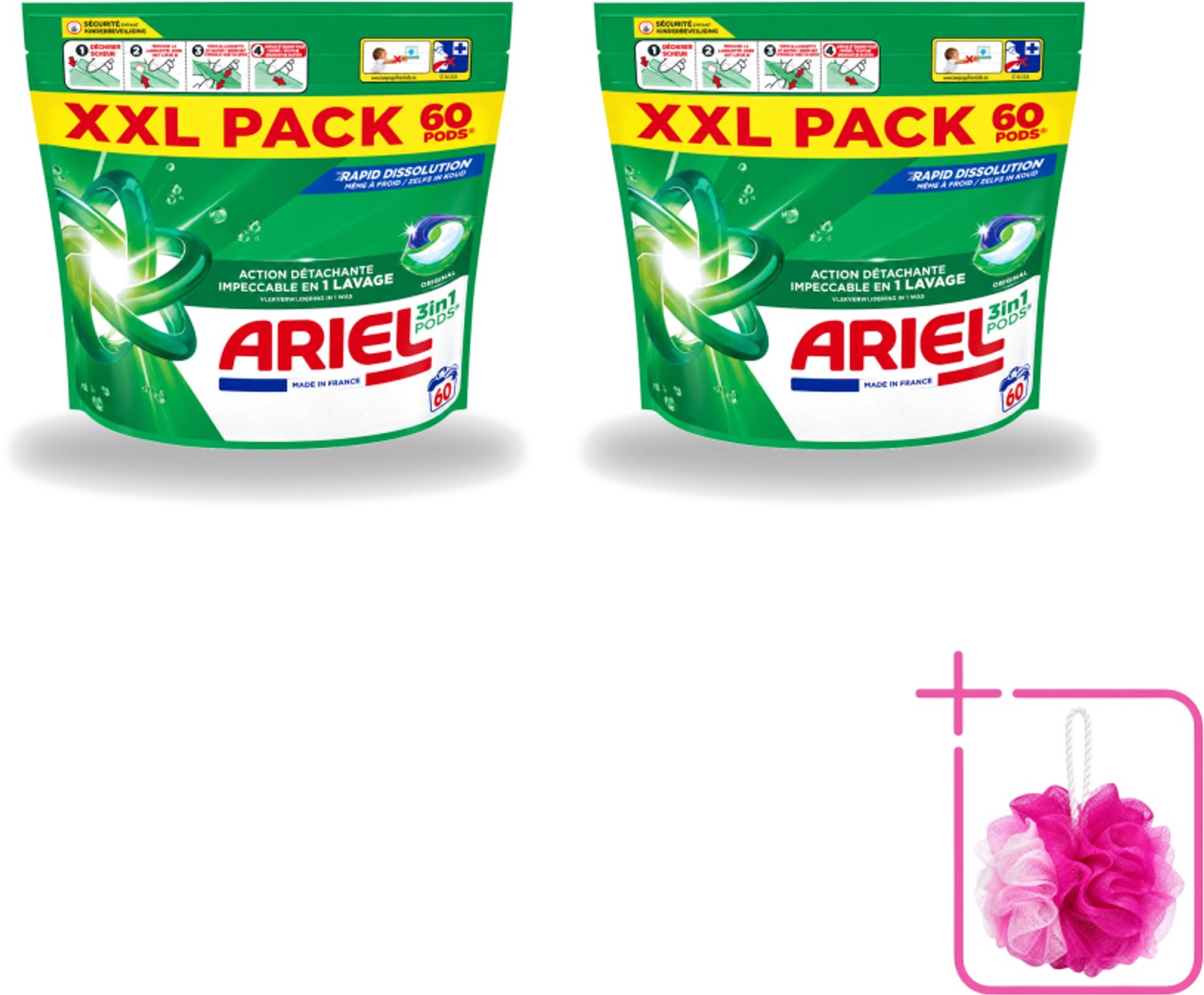 2 x Ariel – Pods 3in1 – Original – 60 wasbeurten - Bulkverpakking - Ariel 3in1 Pods - Douchemop - Wasmiddel capsules