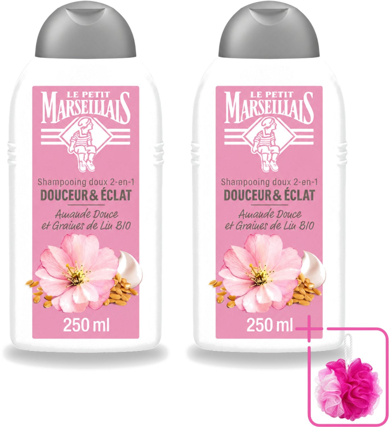 2 x Le Petit Marseillais – Shampoo – Amande Douce & Graines de Lin Bio – 250 ml - Bulkverpakking - Shampoo Amande Douce - Douchemop - Shampoo Linzaad