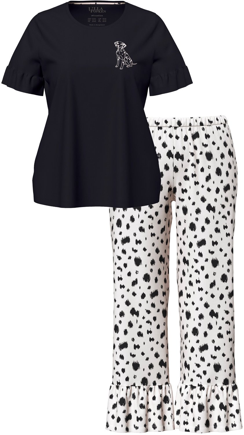 Ulla Popken - Dames - Pyjama dalmatiër ronde hals korte volantmouwen - Zwart - Maat 50+