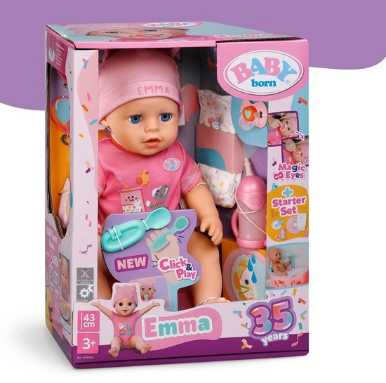 BABY born Emma Click & Play pop (43 cm) in doos met accessoires, inclusief Magic Eyes en starterset.