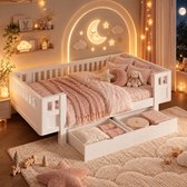 Kinderbed 90x200 cm - Eenpersoonsbed 90x200 cm - Vloerbed - Multifunctioneel bed - Massief houten bedframe - Met veiligheidsleuning - Met lades - Wit