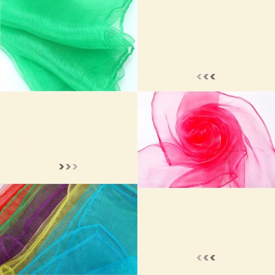 Collage van 4 afbeeldingen: 2 close-ups van groene en rode sjaals, en 2 collages van meerdere gekleurde sjaals.