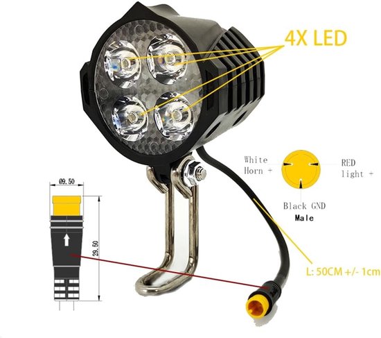 Accessoires voor Ebike LED Koplamp 36V 48V Lamp 3-Pin Ingebouwde Hoorn Voorlicht 4 LED Lampen voor Elektrische Scooters Fietsen — afbeelding 3