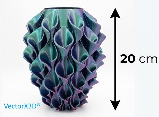 Paars-groene 3D-geprinte vaas met een hoogte van 20 cm van VectorX3D.