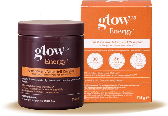 Glow25 Energy pot naast de oranje verpakking met 30 porties en 3g creatine.