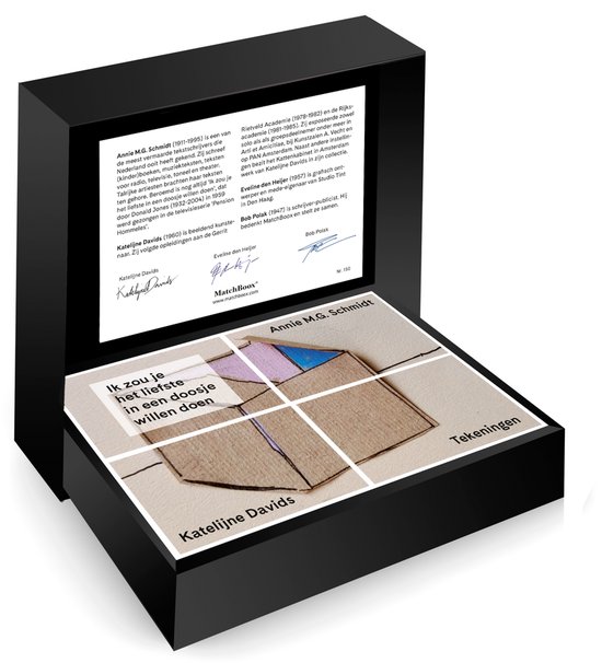 Zwarte geschenkdoos met daarin een boekje van Annie M.G. Schmidt en tekeningen van Katelijne Davids.