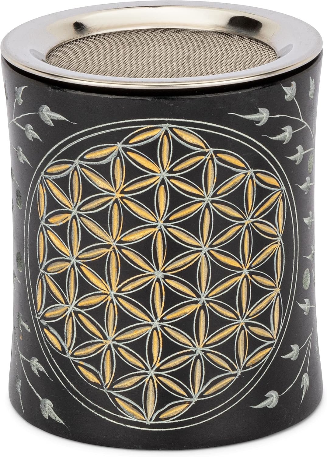 Merkloos wierookbrander met levensbloem, zwart/goud, 10x8.5cm