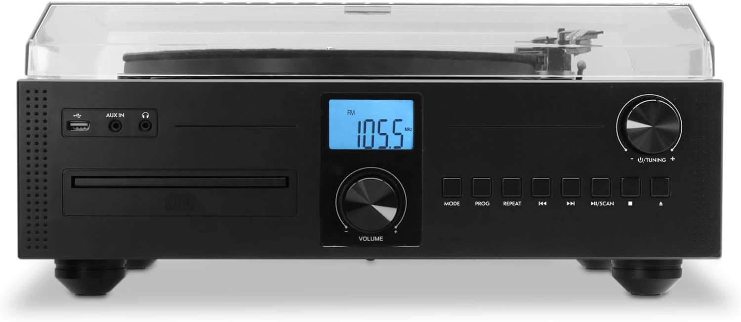 QEVA Platenspeler met CD Speler - Platenspeler - Vinyl Speler - Zwart/Bruin - 43cm x 37cm x 18cm
