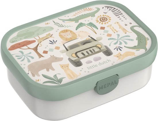 Witte Mepal broodtrommel met saliegroene deksel voorzien van Safari Friends jungleprint en het Little Dutch logo.