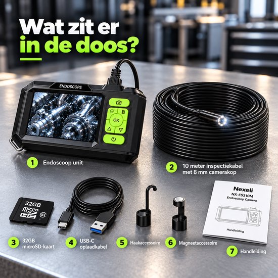 Inhoud van de doos: endoscoop, 10 meter kabel, 32GB microSD-kaart, USB-C kabel, accessoires en handleiding.
