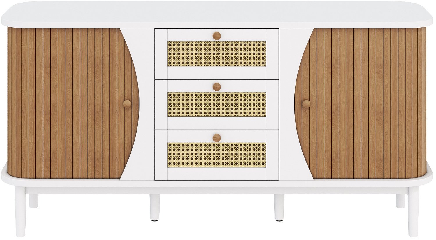 SONNENH Dressoir met 2 schuifdeuren, 3 laden en afgeronde zijkanten - Wit en naturel - 140,5 x 40 x 76 cm