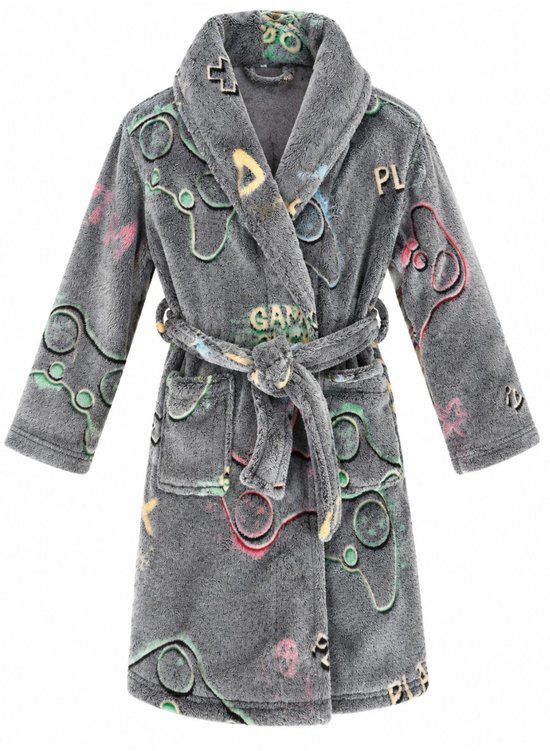Grijze fleece badjas met sjaalkraag, ceintuur en kleurrijke game-prints inclusief 'PLAY' en 'GAME'.