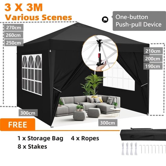 Mura Partytent - Pop Up Tent - Overkapping - Paviljoen - 6 Verwijderbare Zijwanden - 3x6m Formaat - Opvouwbaar - Inc. Zak - Zwart — afbeelding 5