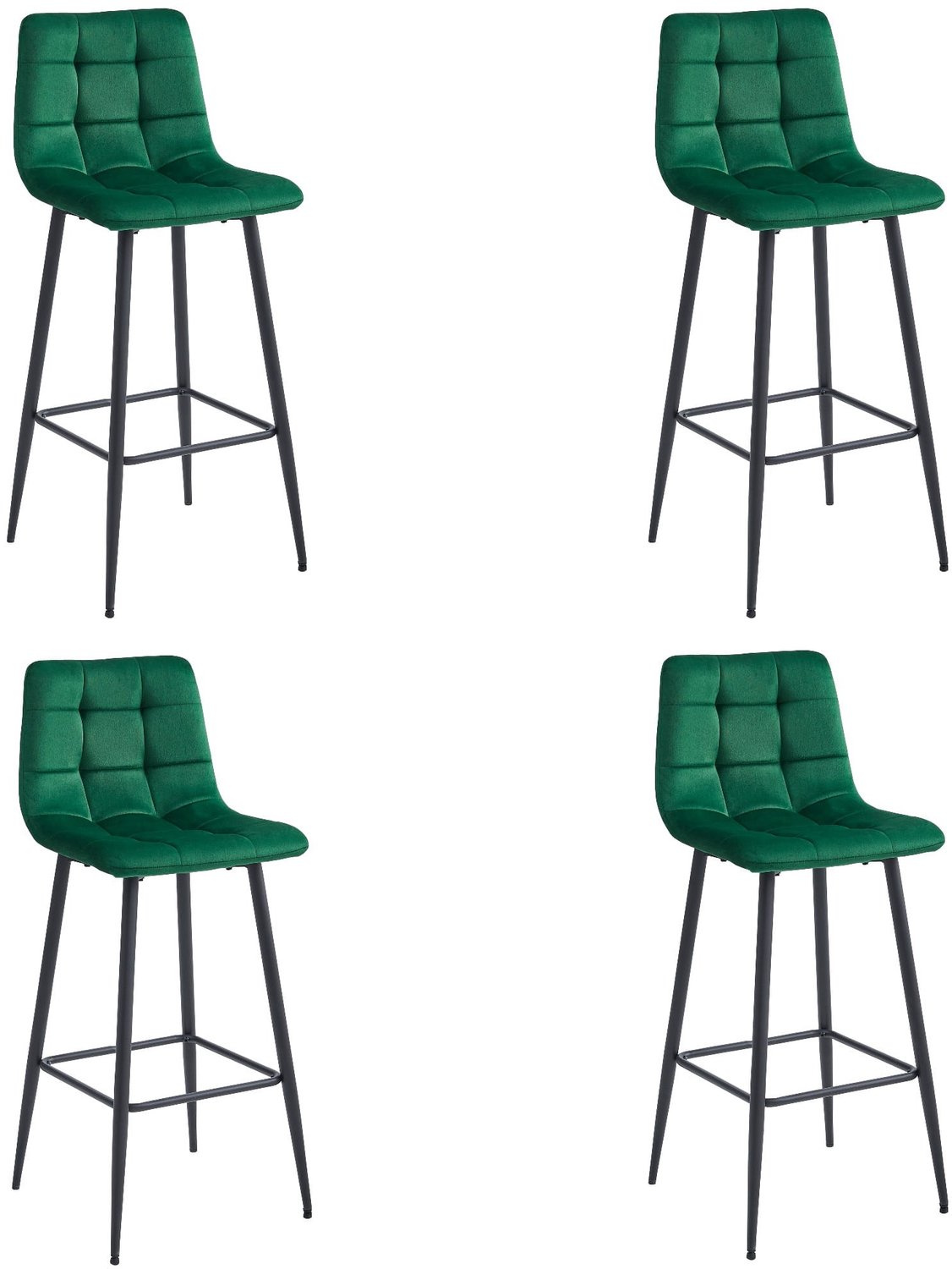 LEOBERT ARCETO Barkrukken – Set van 4 – Donkergroen Velvet – Zwarte Metalen Poten – Met Rugleuning – Met Voetsteun – Modern Design – Voor Keukeneiland, Bar en Keuken – Max. 110 kg per Kruk