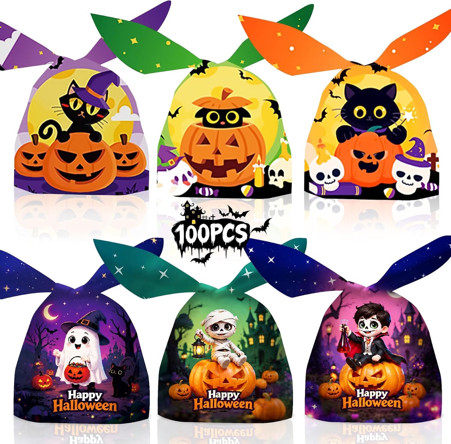 Halloween-snoepzakjes 23 x 14 cm - 100 stuks - 6 stijlen - ideaal voor Halloween-feestjes - ServiceTopper