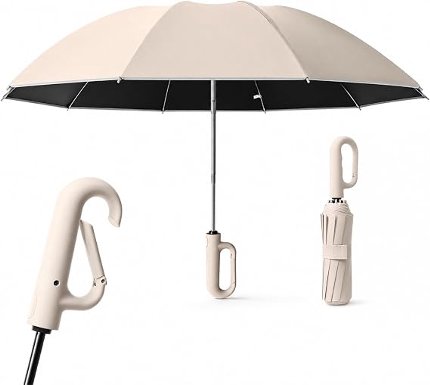 HisKes Windbestendige paraplu - Windbestendige paraplu met ringsluiting en versterkte stof - Automatisch opvouwbaar - Compacte Stormbestendige Reisparaplu - 10 baleinen - Met karabijnhaak - Beige