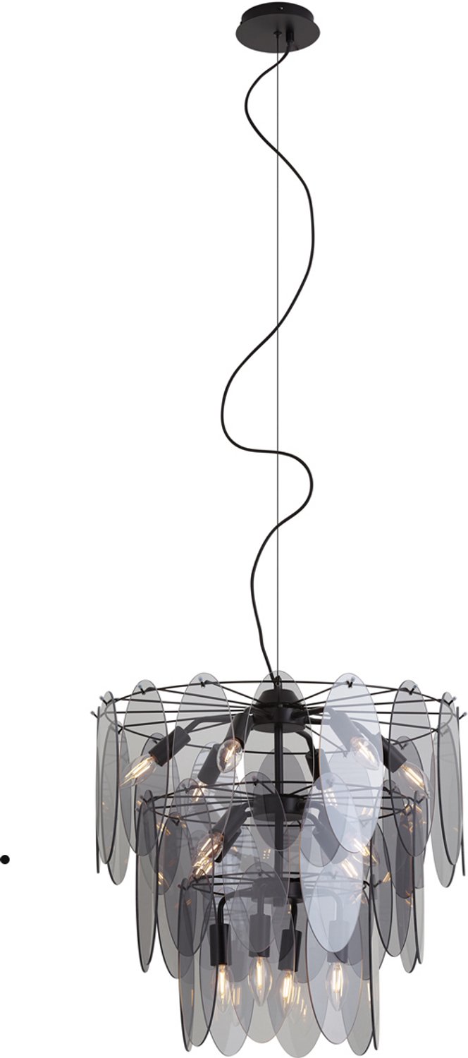 Qazqa eettafel art deco hanglamp - Mochan - zwart met rookglas, rond, 14-lichts, 57.3cm, ideaal als eettafellamp, hal en woonkamer lamp