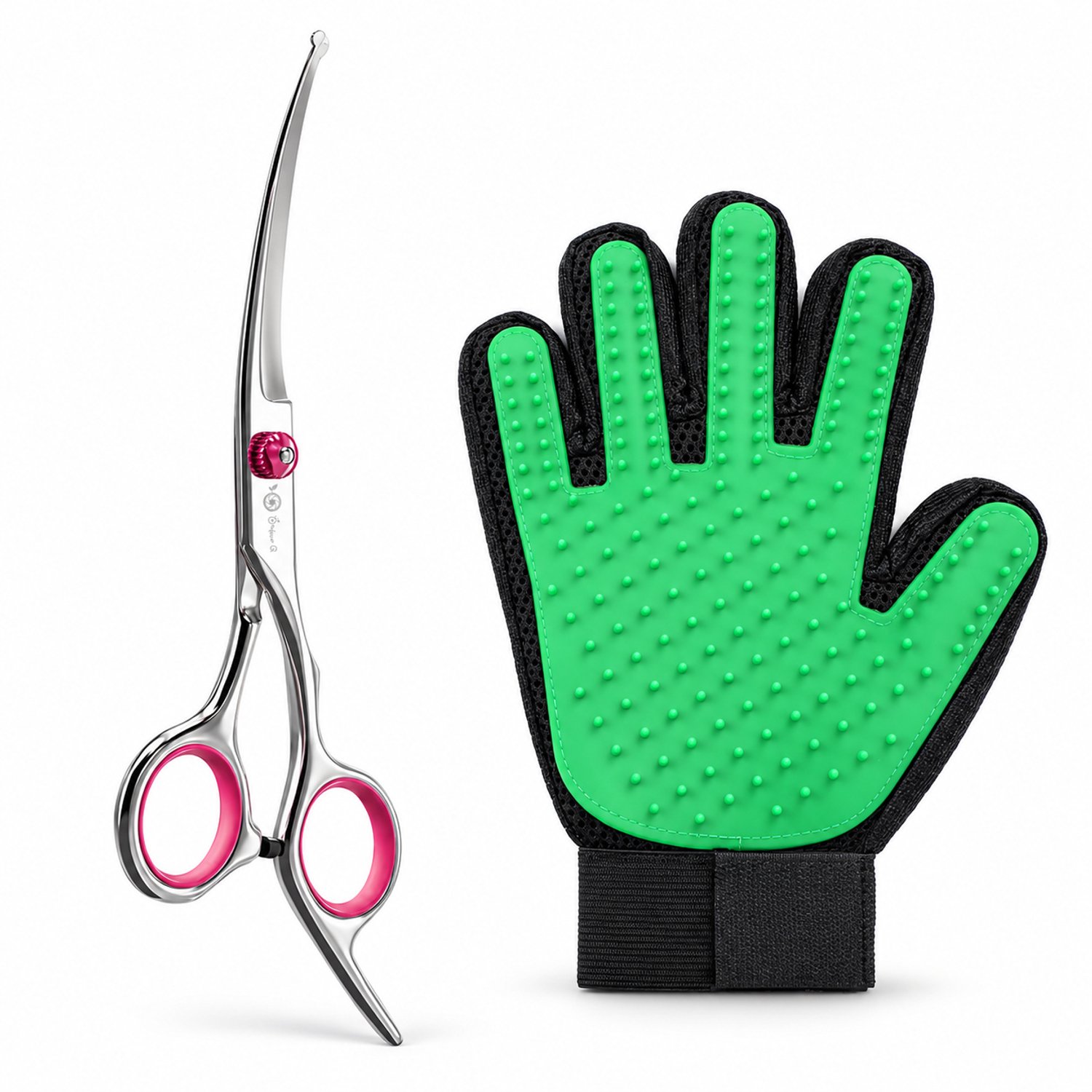 Professor Q Hondentrimset - Gebogen Trimschaar Rechts Roze - Vachthandschoen Groen - 2-delig