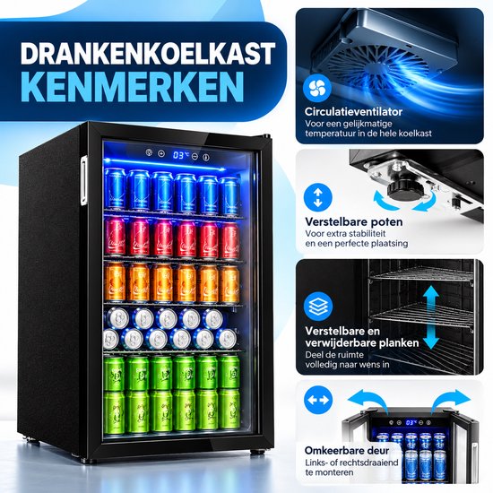 Celestul Drankenkoelkast 90L - Mini Koelkast voor Bier Wijn & Frisdrank - 126 Blikjes - Glazen Deur - LED - Stil - Instelbare Temperatuur - 49×44,5×78cm - Zilver — afbeelding 4