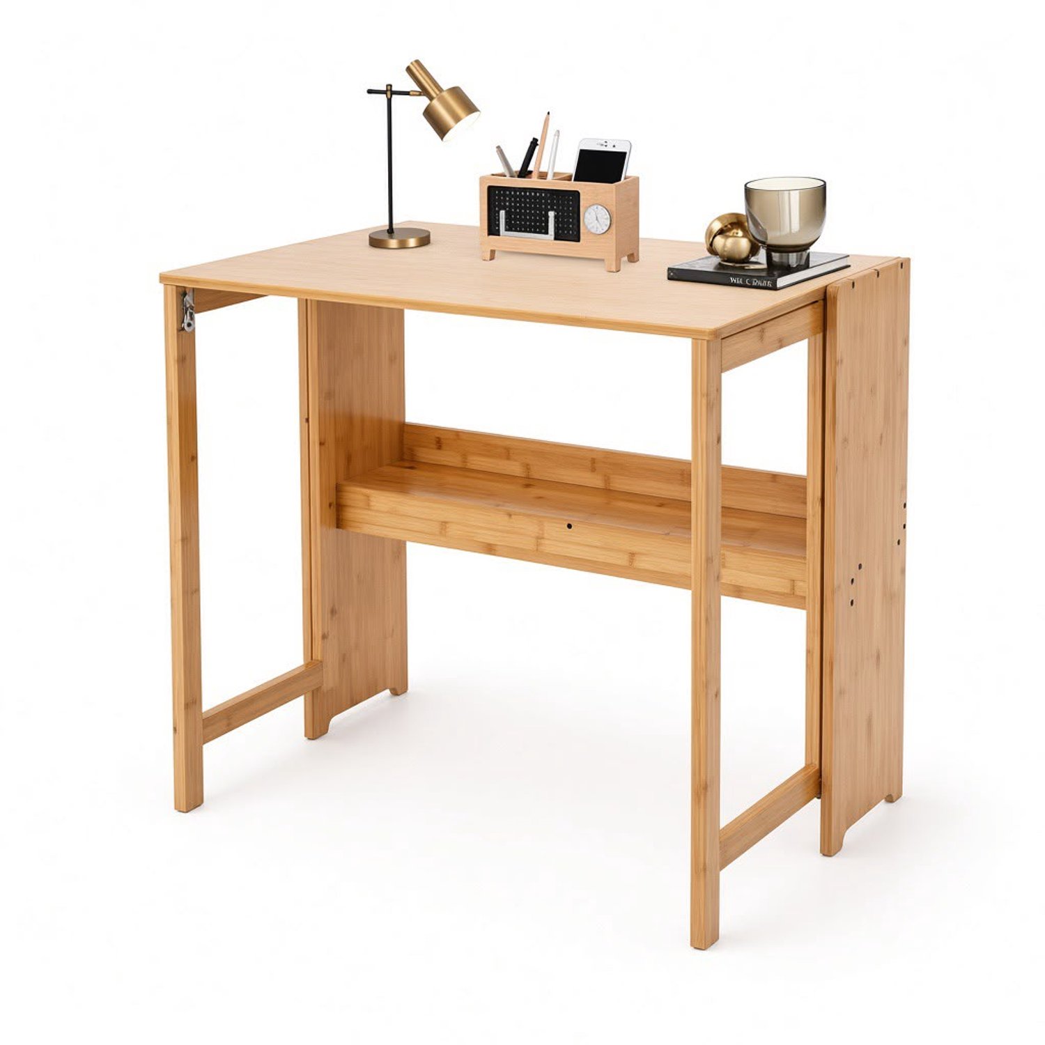 Atlasyx bureau - Tafel - Bureautafel - Met opbergruimte - Inklapbaar - Opvouwbaar - Schrijftafel - Bamboe - 83 x 54 x 76 cm - Geel