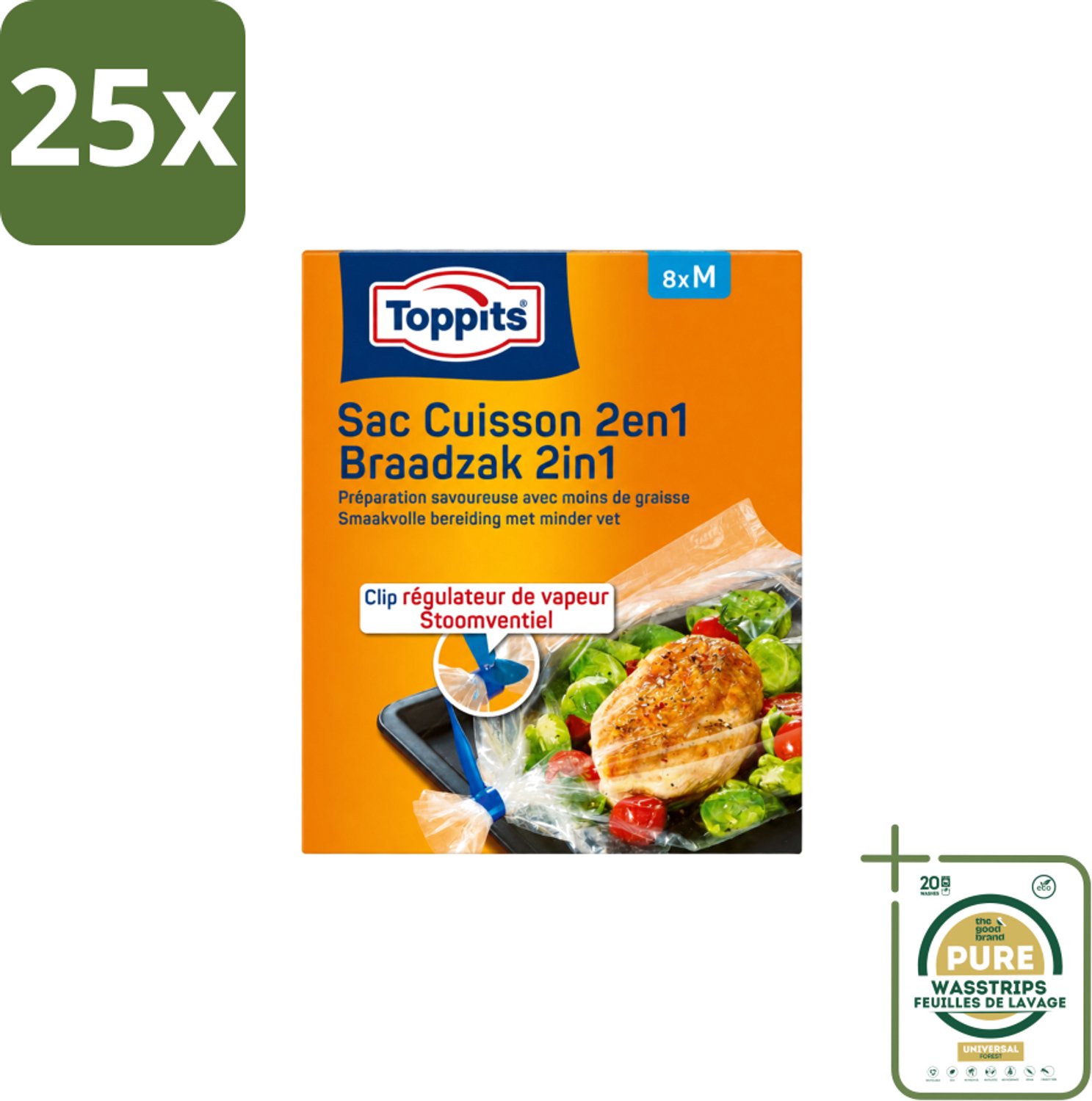 25 x Toppits – 2-in-1 Braad- & Stoomzakken – Maat M – 8 Zakjes - Wasstrips - Braadzak Oven - Stoomzak Oven - Oven Bakken - Magnetron Bakken - Vetvrije Bakken